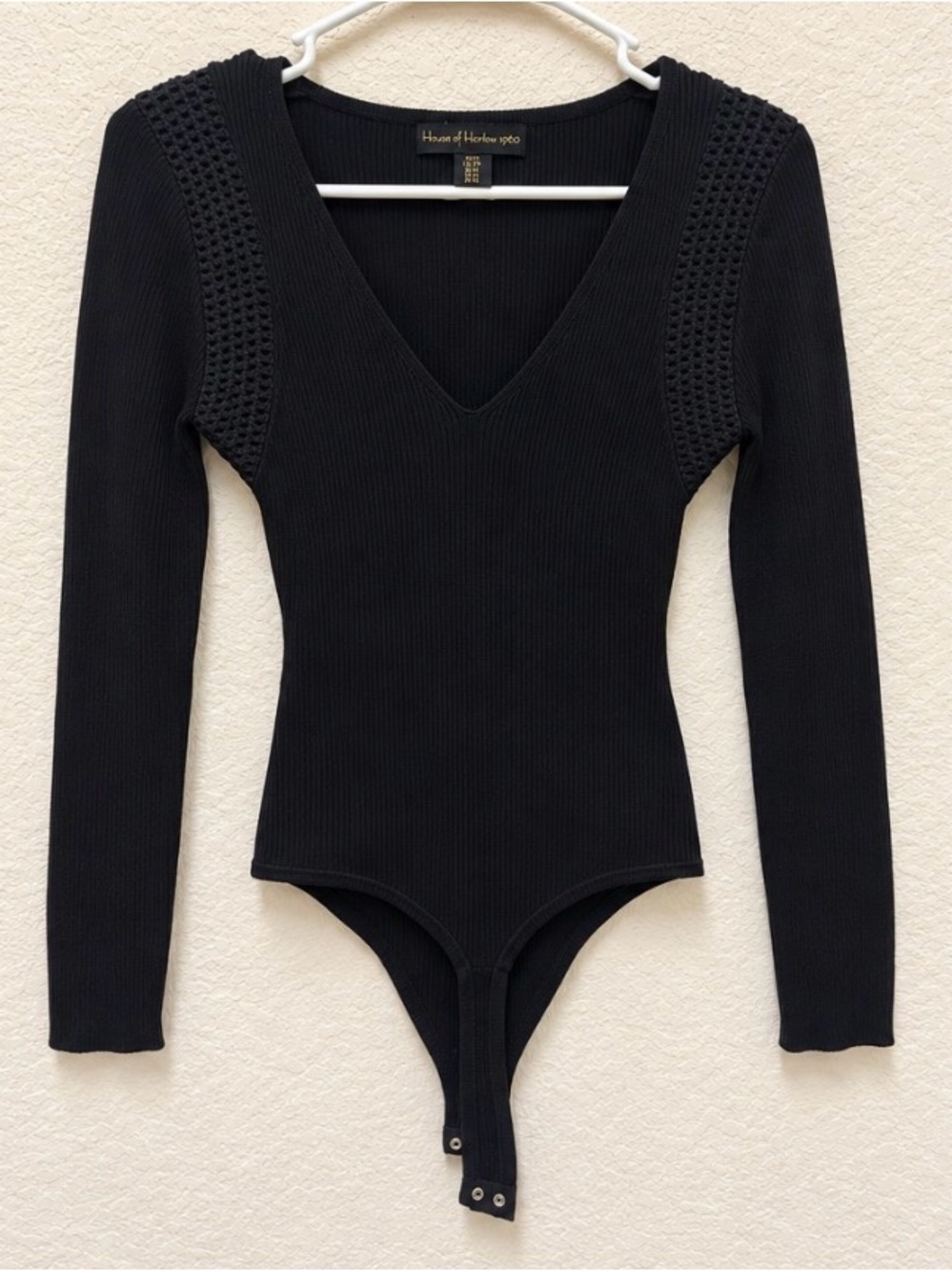 House of Harlow 1960 Black Ribbed V-Neck Long Sleeve Bodysuit Sweater